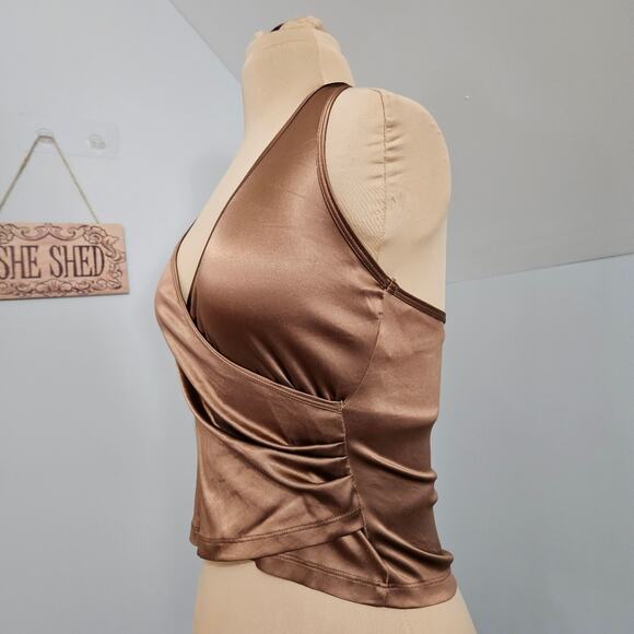 Nally and Millie Bronze Surplice Neck Ruched Side Cropped Halter Top Y2K Medium - Picture 8 of 13